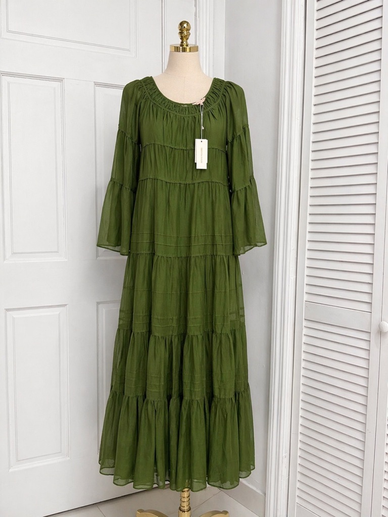 Rebecca Taylor Womens Olive Green Tiered Maxi Dress
